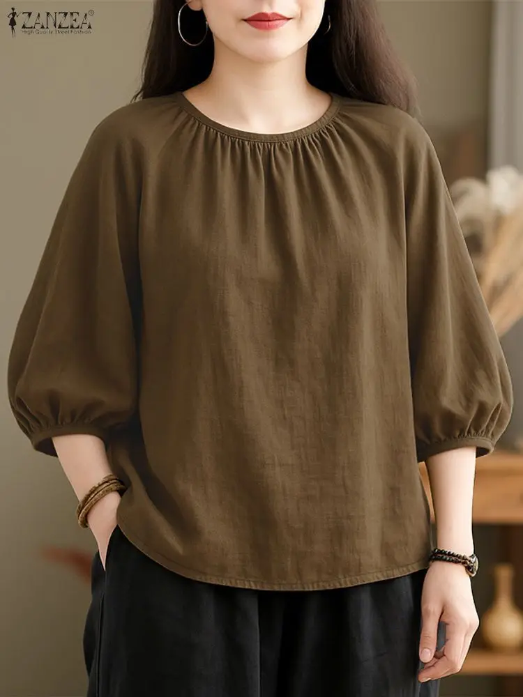 

Summer Women Tops ZANZEA 2025 Vintage Solid Shirts Elegant 3/4 Lantern Sleeve Blouse Casual O Neck Loose Blusas Mujer Oversize