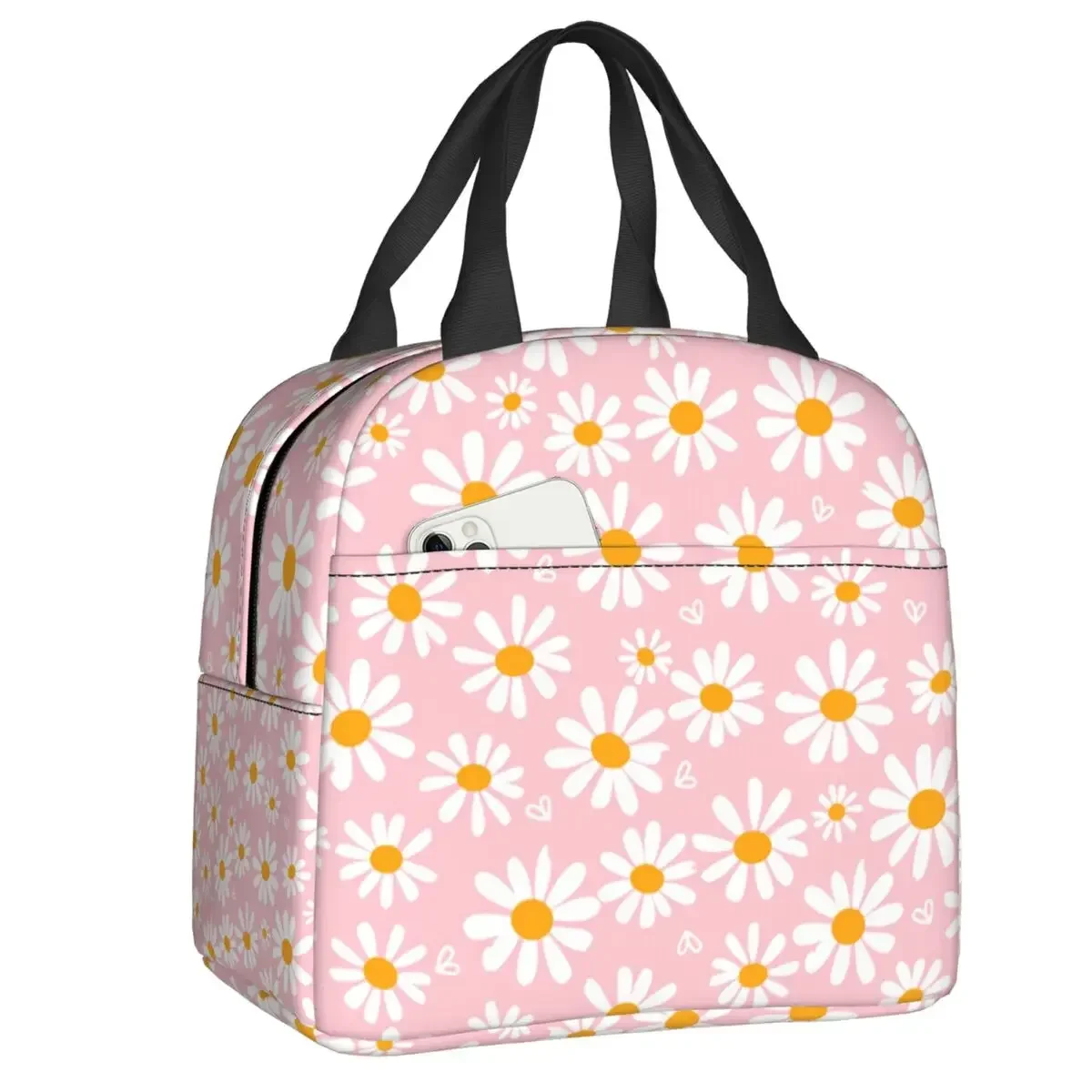 Black Daisy Flower Lunch Bag Daisies Floral Resuable Cooler Thermal Insulated Lunch Box for Women Kids Camping Picnic Food Bag