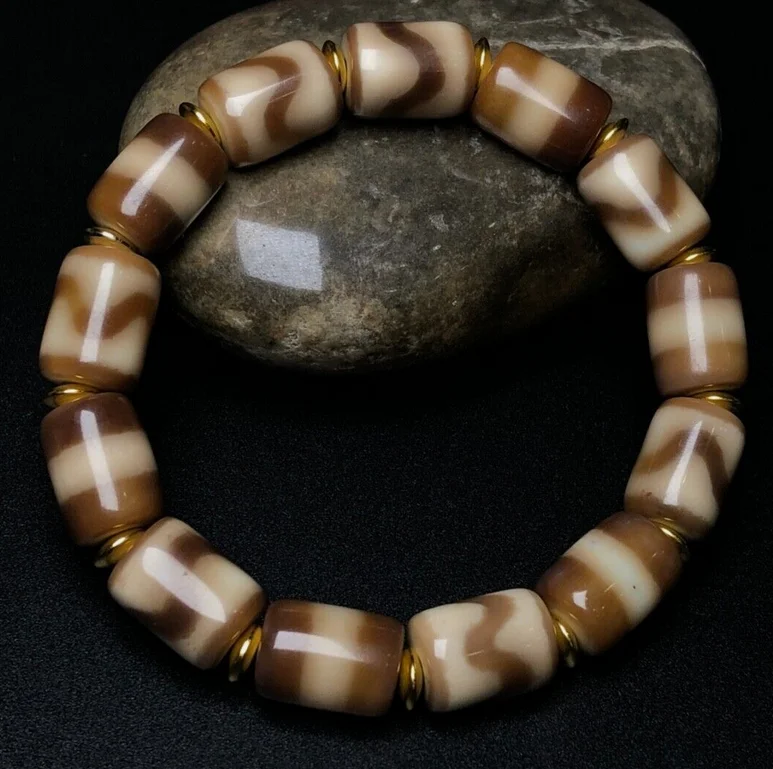 Old Agate Tiger Teeth+1 Line Totem Tibetan DZI Beads Amulet Bracelet Handstring