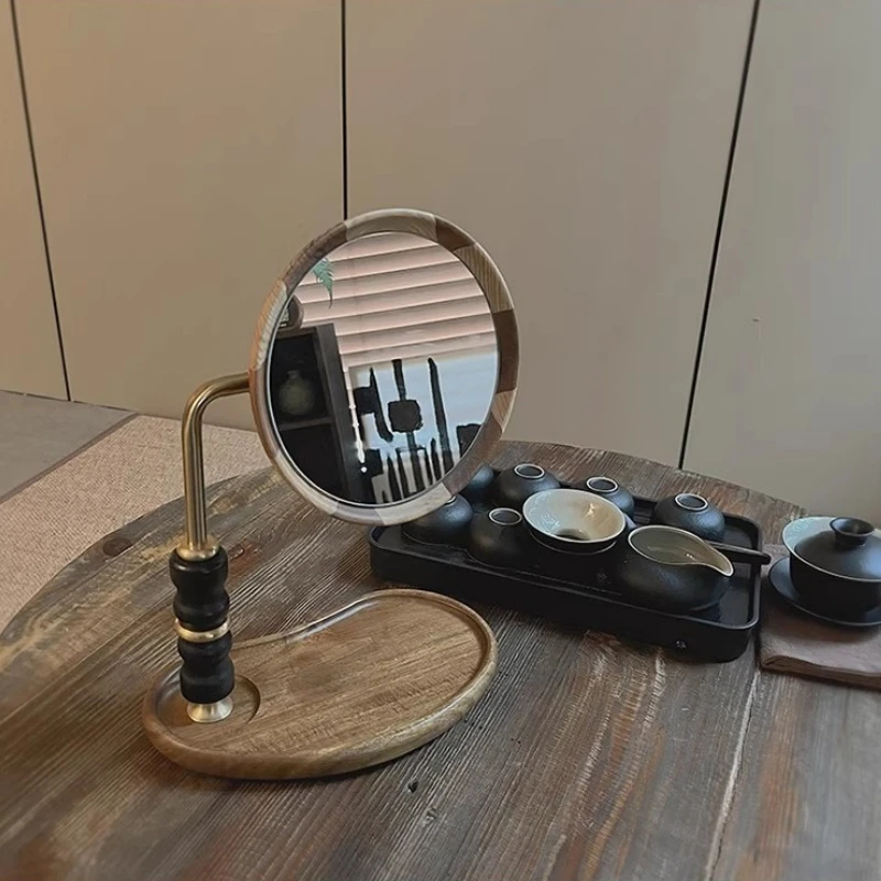 

Retro Wooden Brass Vanity Mirror, Desktop Makeup Mirror, Rotating Tabletop Decorative Mirror with Tray for Makeup Organization