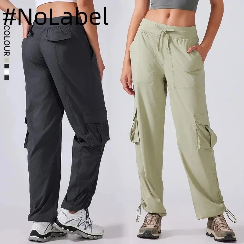 NoneLabelCollection Lightweight Outdoor Running Pants Women Drawstring Large Pocket Wide Leg Cargo Loose Casual Pants