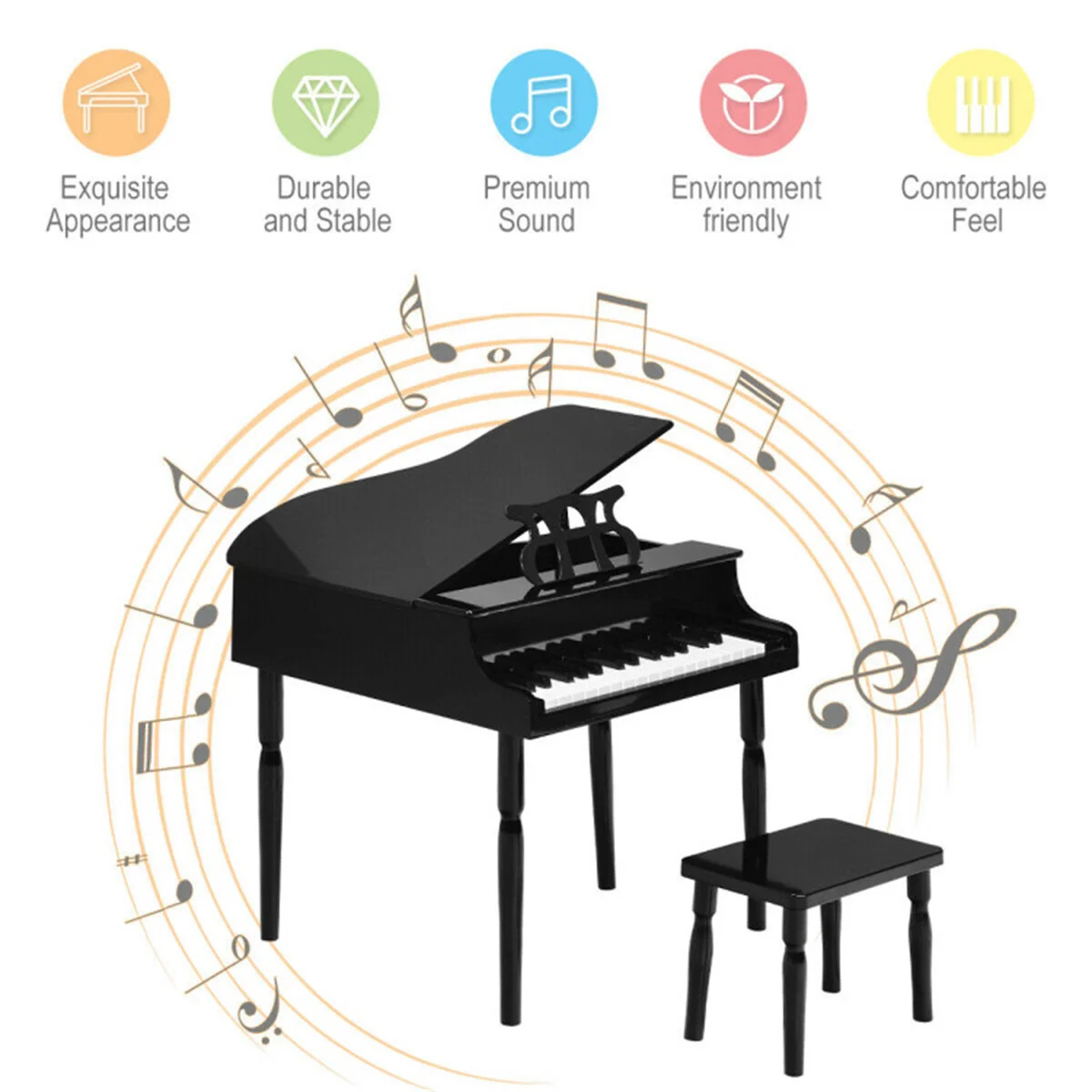 Black Kids Piano 30-Key Wood Toy Kids Grand Piano with Bench and Music Rack