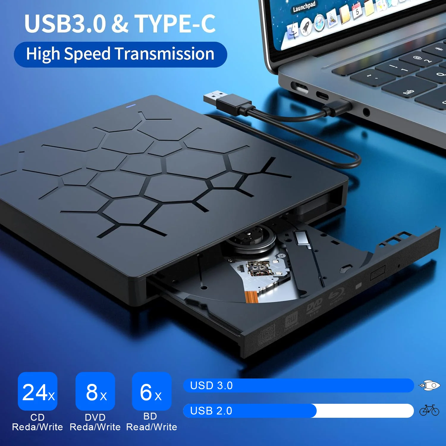 Externes Blu-Ray-Laufwerk mit 4 USB-Anschlüssen und TF/SD-Kartensteckplatz, USB 3.0/Typ-C Blu-Ray-Brenner, tragbarer BD-DVD-CD-Player für Laptop