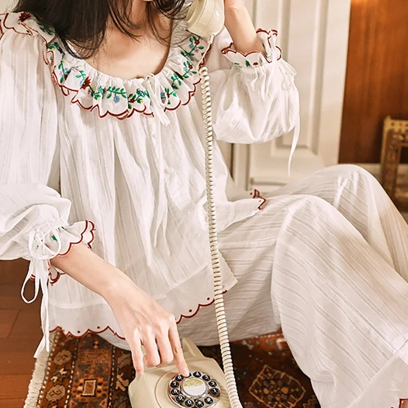 Women Spring Autumn Cotton Jacquard Embroidery Cute Sweet Girl Home Clothing Top Pants Two Piece Set Victorian Sleepwear