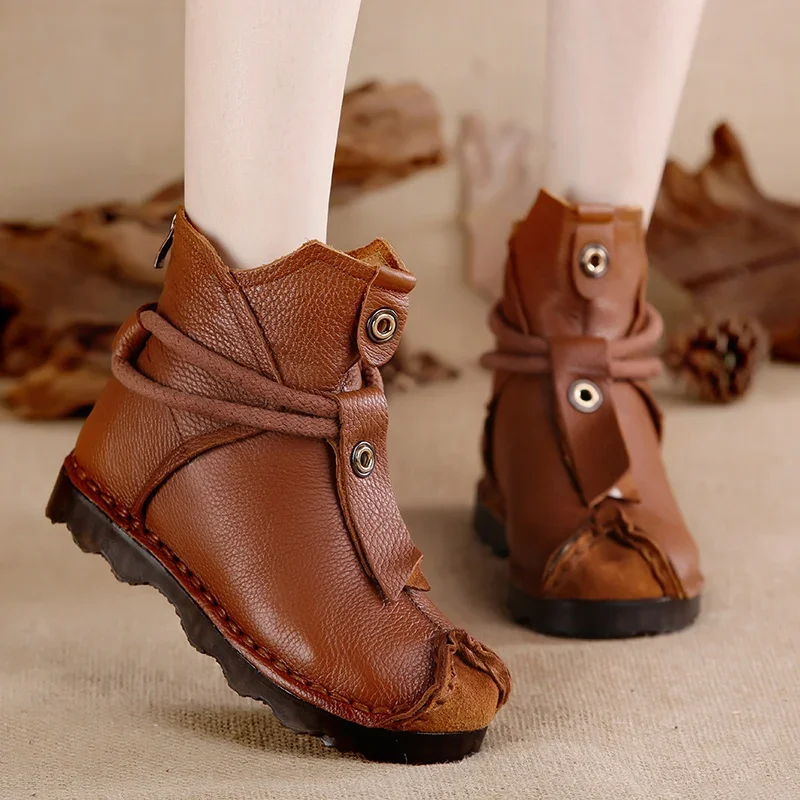 

2018 Winter New Soft Cowhide Versatile Retro Genuine Leather Cotton Boots Ethnic Style Short Boot Leather Single Boot Women's