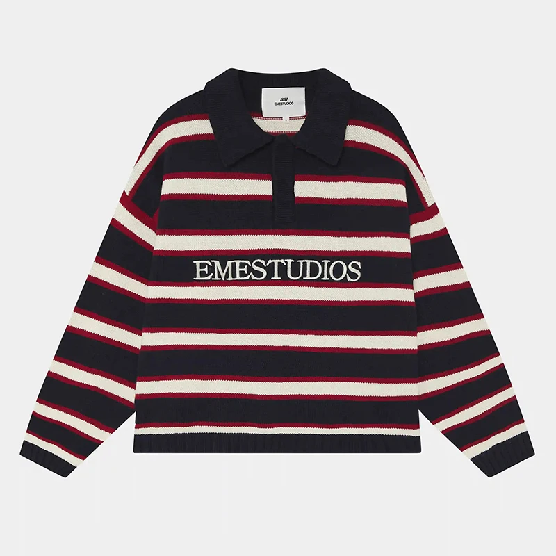 Eme Studios بولو متماسكة سترة للجنسين القطن سميكة البلوز الخريف الشتاء الرجال النساء معطف فضفاض كم طويل تريكو شريط القمم #3