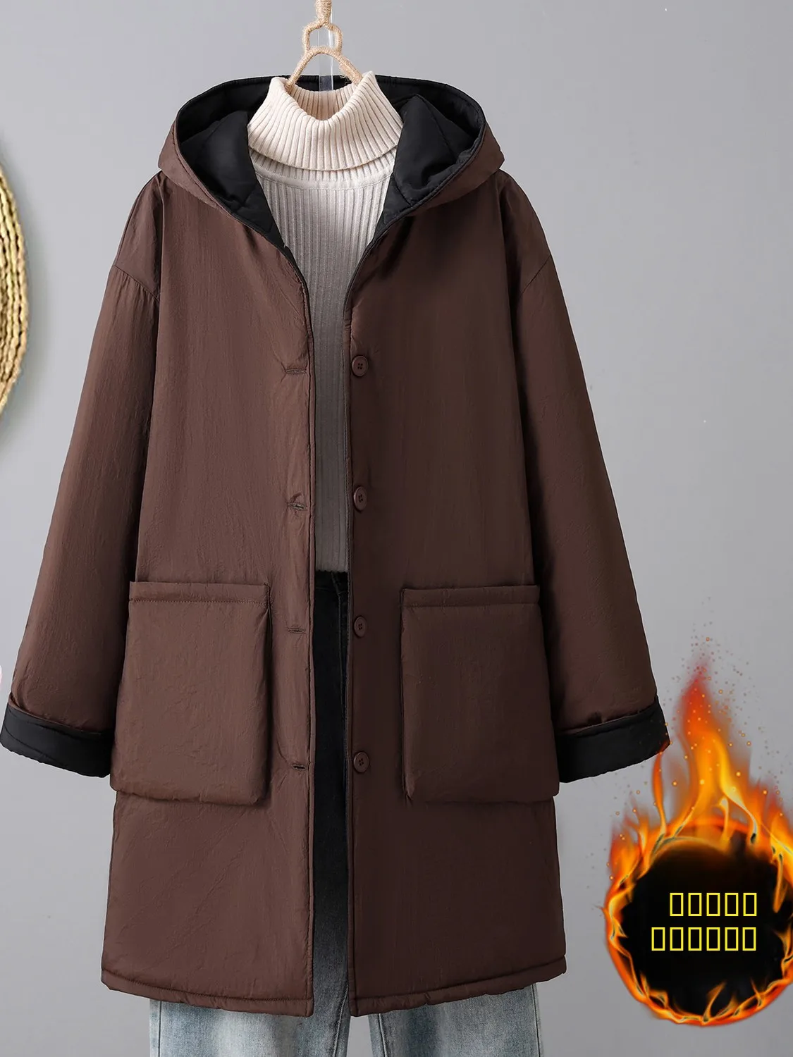 

Retro Thiened Long Cotton Jaet Loose Outerwear Warm Coat Vintage Sle Regular Sve Length Single Button Closure ...