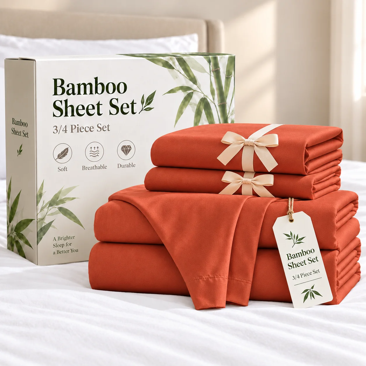 3/4 Piece Bamboo Sheet Set, Ultra Soft Cooling Breathable Bed Sheets, Queen Size Luxury Bedding Set with Deep Pocket Fitted Sheet, Flat Sheet and Pillowcases, Hotel Style, Wrinkle Resistant, Machine Washable, All Season Comfort