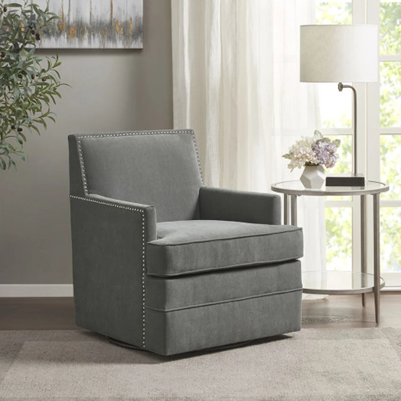 Elegant & Comfortable Upholstered Swivel Chair - Lush Grey Fabric, Silver Nail Head Trim, 360° Metal Swivel Base