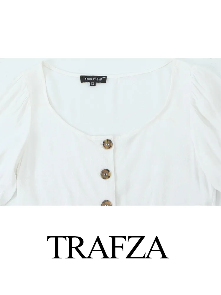 TRAFZA Women Summer Fashion Solid Short Sleeve V Neck Puff Sleeve Top Female Elegant Single Breasted High Street Shirt Mujer