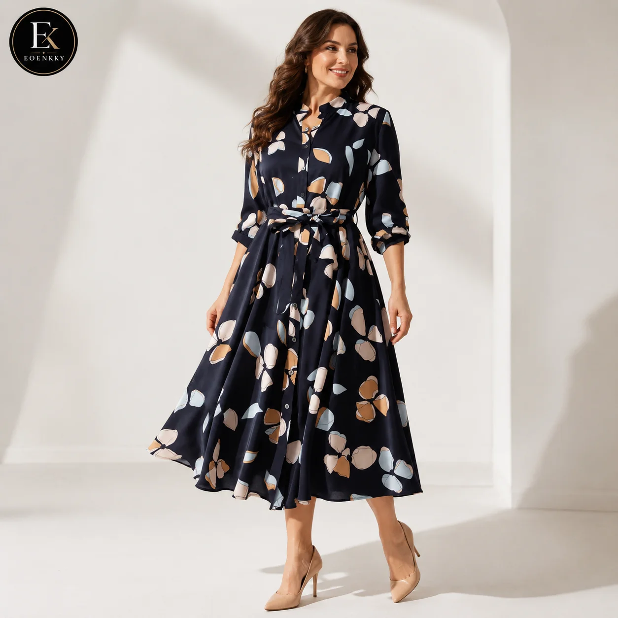 EOENKKY Plus Size Blumen-Midi-Hemdkleid für Damen, 3/4-Ärmel, Knopfleiste vorne, Taillenbindung, elegantes Büro-Freizeitkleid, M-3XL