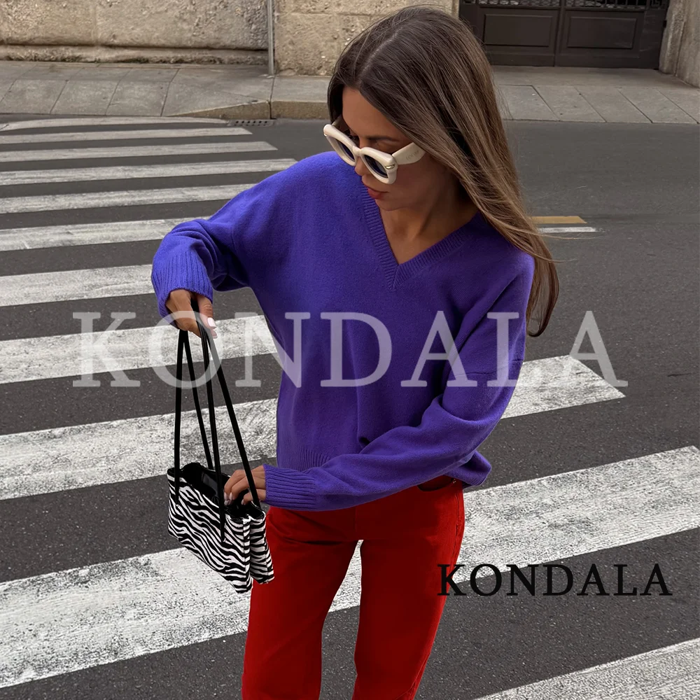 KONDALA Women Casual Vintage Knitted Sweater 2026 Fall Fashion High Street Purple Loose Pullover Ladies Elegant Chic V-Neck Tops