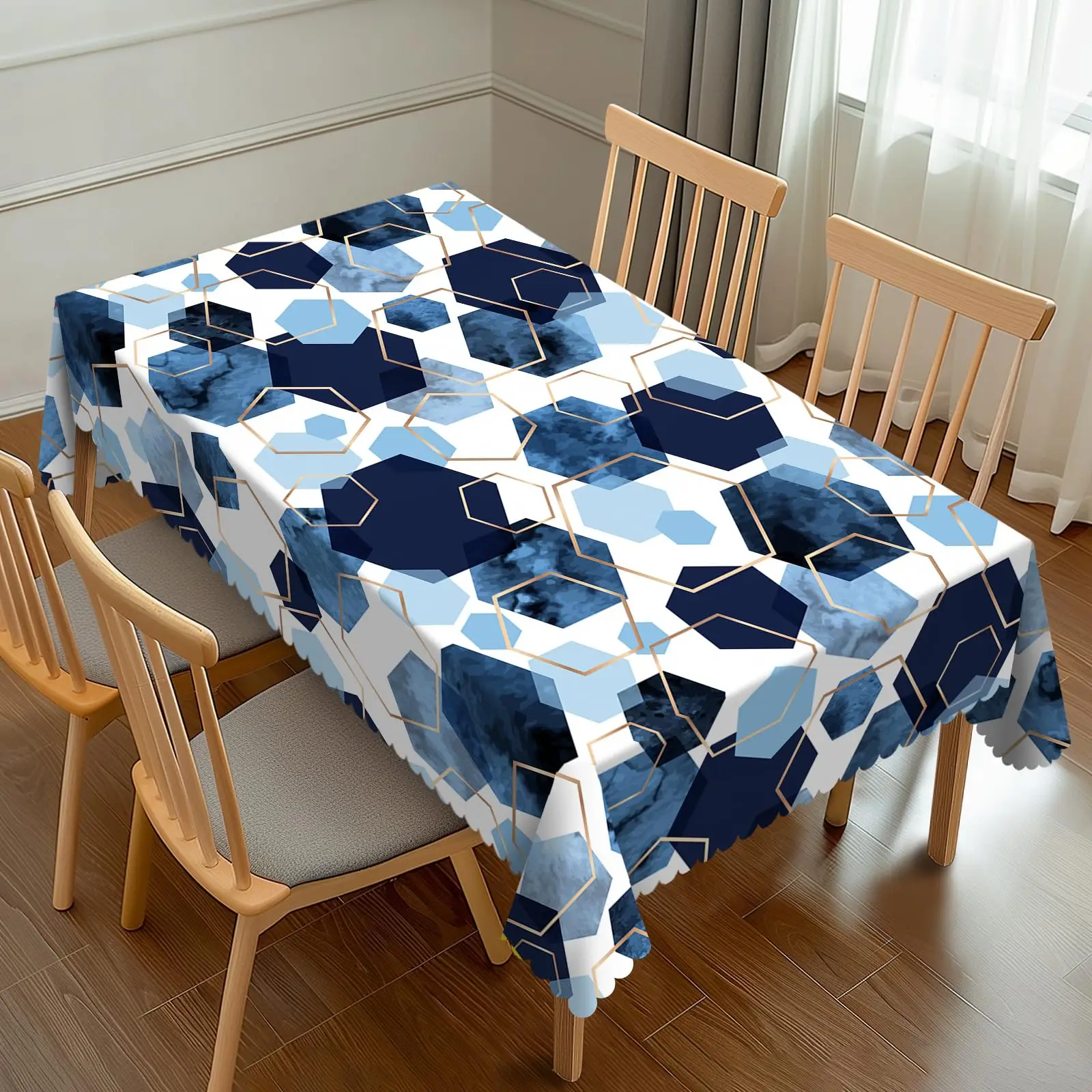 Marineblaue geometrische Tischdecke, moderne Kunst, himmelblau, abstraktes Sechseck, rechteckig, waschbare Tischdecke, rechteckige Tischdecke