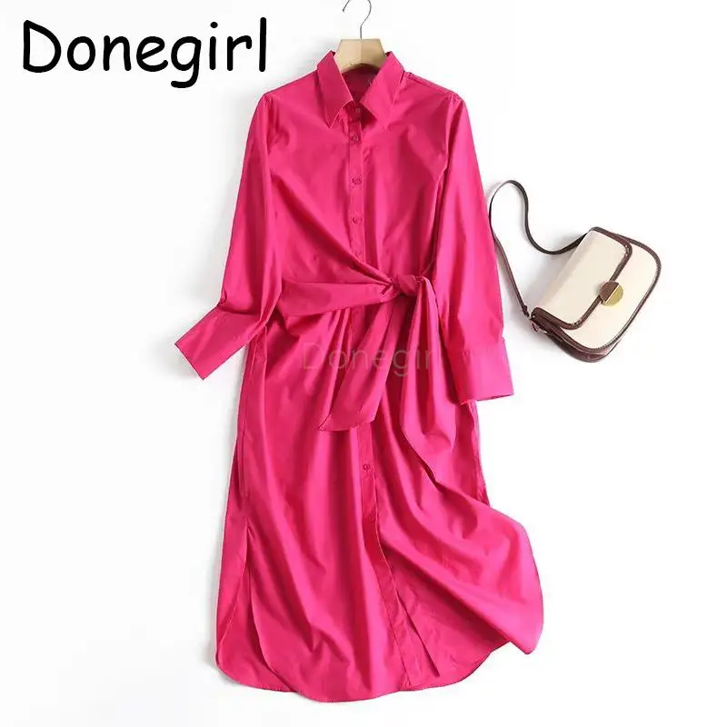 

Donegirl 2023 New Spring Summer Women Long Sleeve Lapel Poplin Solid Waist Lacing Dresses Simple Casual Long Dresses Female Chic