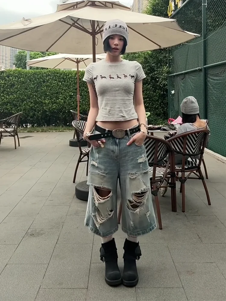 

High Waist Wide Leg Jeans Women's Loose Fit Distred Denim orts High Street Sle Summer Faion plus Size Jeans