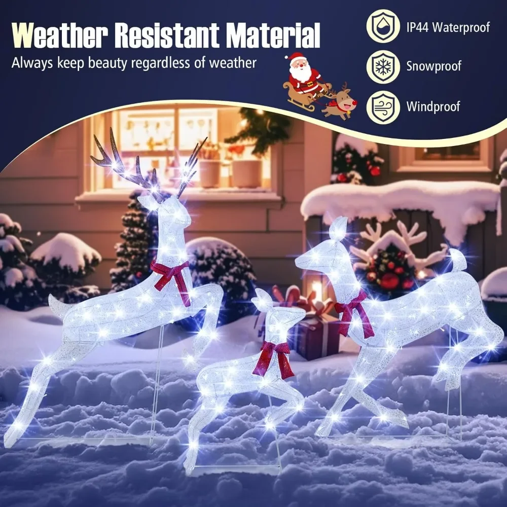 Christmas Lighted Reindeer Family Set, Xmas Pre-Lit Reindeer with 255 Cold White LED Lights, Ground Stakes & Zip Ties