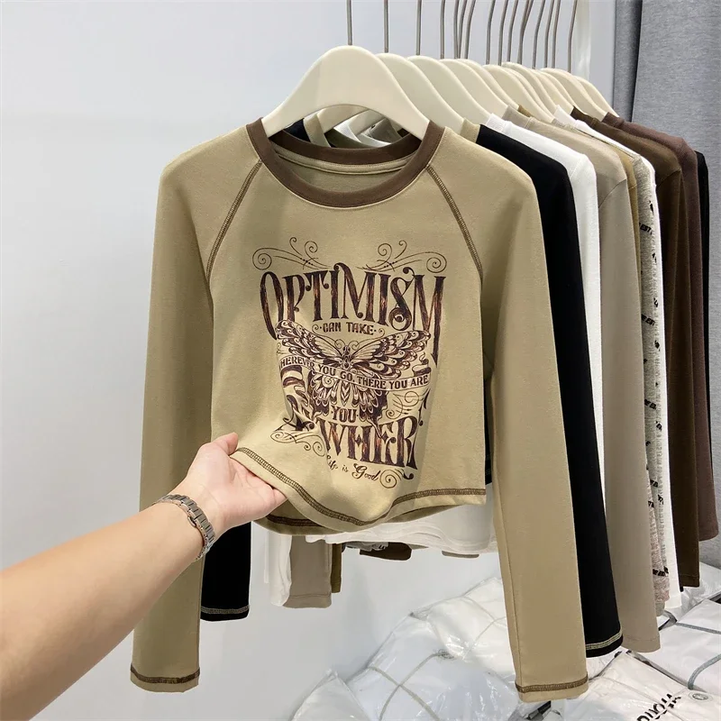 

Women T-shirt American Vintage Butterfly Long Sleeve T-shirt Autumn Design Letter Print Versatile Short Top Female Top