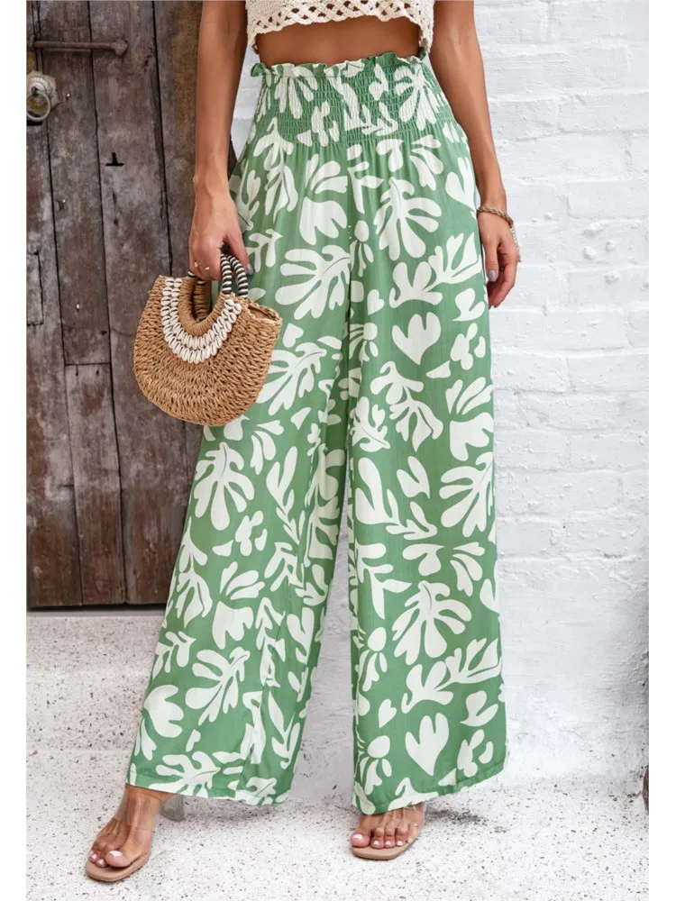 2024 Summer Print Floral Casual Pants Fashion Women Office Sweet High Waist Wide Leg Long Pants New 2024 Holiday Loose Trousers