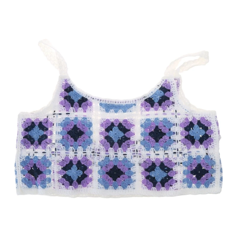 Knit Short Crop for Tank Top Women Summer Ethnic Hollow Out Crochet Contrast Color Floral Sleeveless Loose Vest Camisole image 2