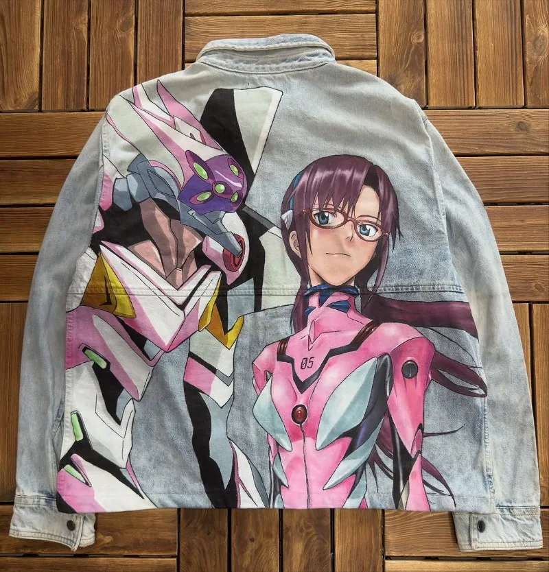 

Y2K Mari Makinami, полностью ручная роспись, джинсовая куртка, винтажная стираная модная аниме-принтер для мужчин и женщин, свободные повседневные уличные куртки