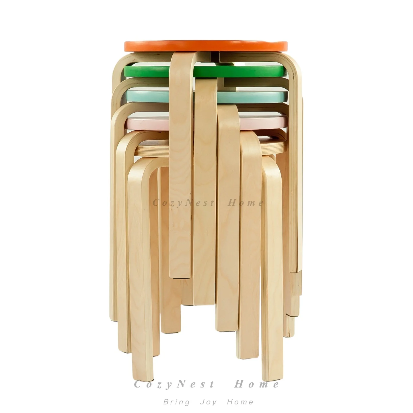 Wooden round stool Color curved wooden bench Household stackable folding furniture