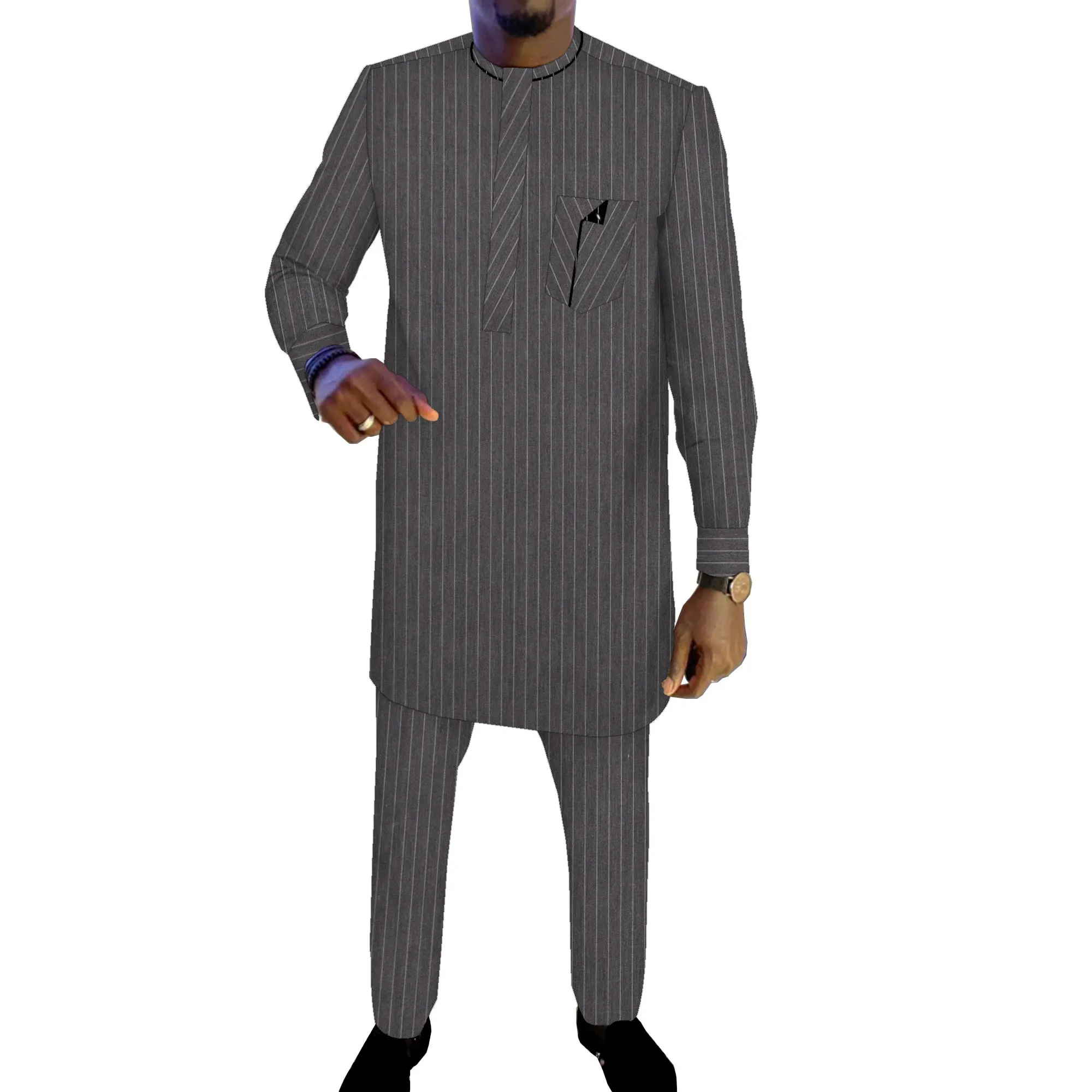 African Men's Striped Suit Dashiki Shirt and Pants African Print Clothing Patchwork Plus Size Men Suit WYNT117