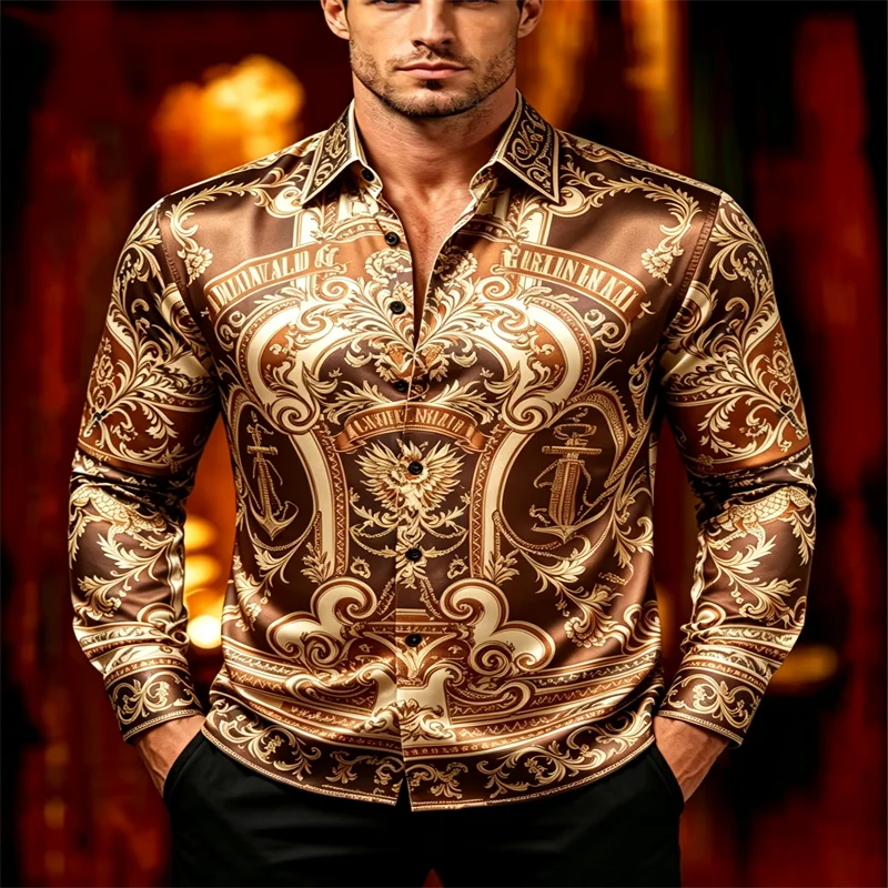 Men Satin Long Sleeve Dress Shirt Vintage Baroque Anchor Eagle Print Button‑Down Turn‑Down Collar Male Party Banquet Formal Casu
