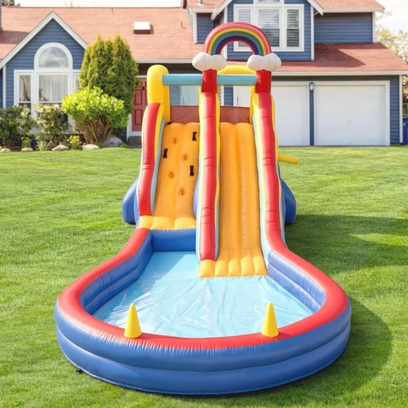 Commercial Inflatable Slide Outdoor Backyard Rainbow Themed Water Slide with Climbing Function, Ball Pool, Throwing Ring