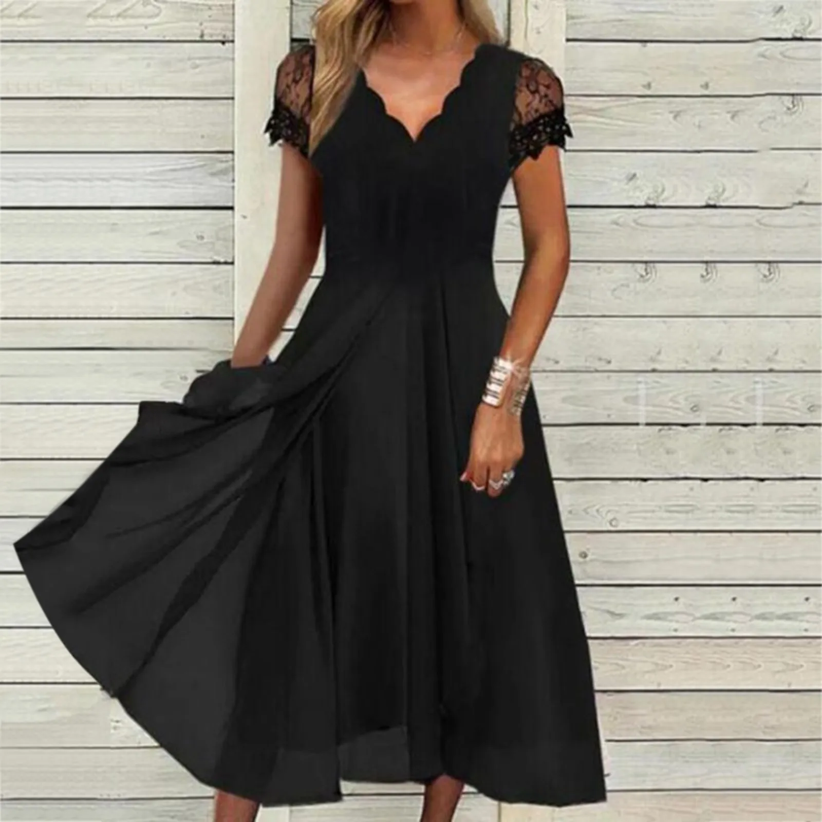 

Elegant Party Dress Women Summer Lace Chiffon Irregular Midi Dress Black Short Sleeve V-Neck Long Beach A-Line Dresses 2024