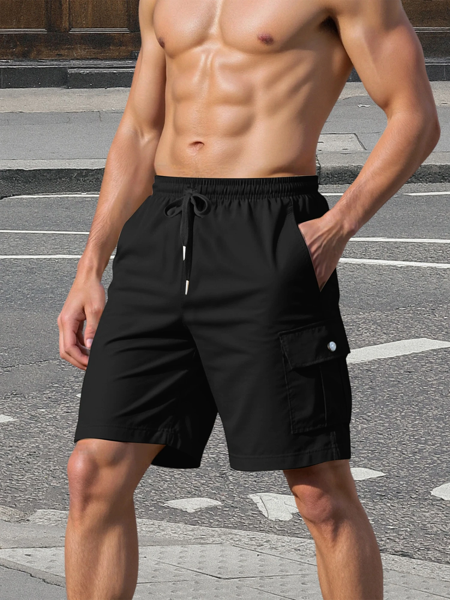 Short Cargo léger à séchage rapide pour hommes, avec cordon de serrage réglable, ceinture élastique et plusieurs poches pour l'extérieur