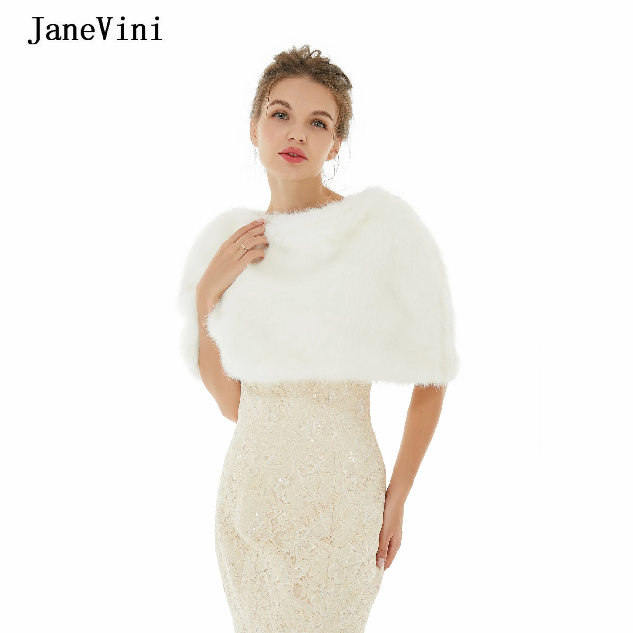 JaneVini 2022 White Bolero Winter Bridal Faux Fur Shawl Wrap Soft Warm Cape Cloak Wedding Women Evening Party Jacket Coat 케이프 코트