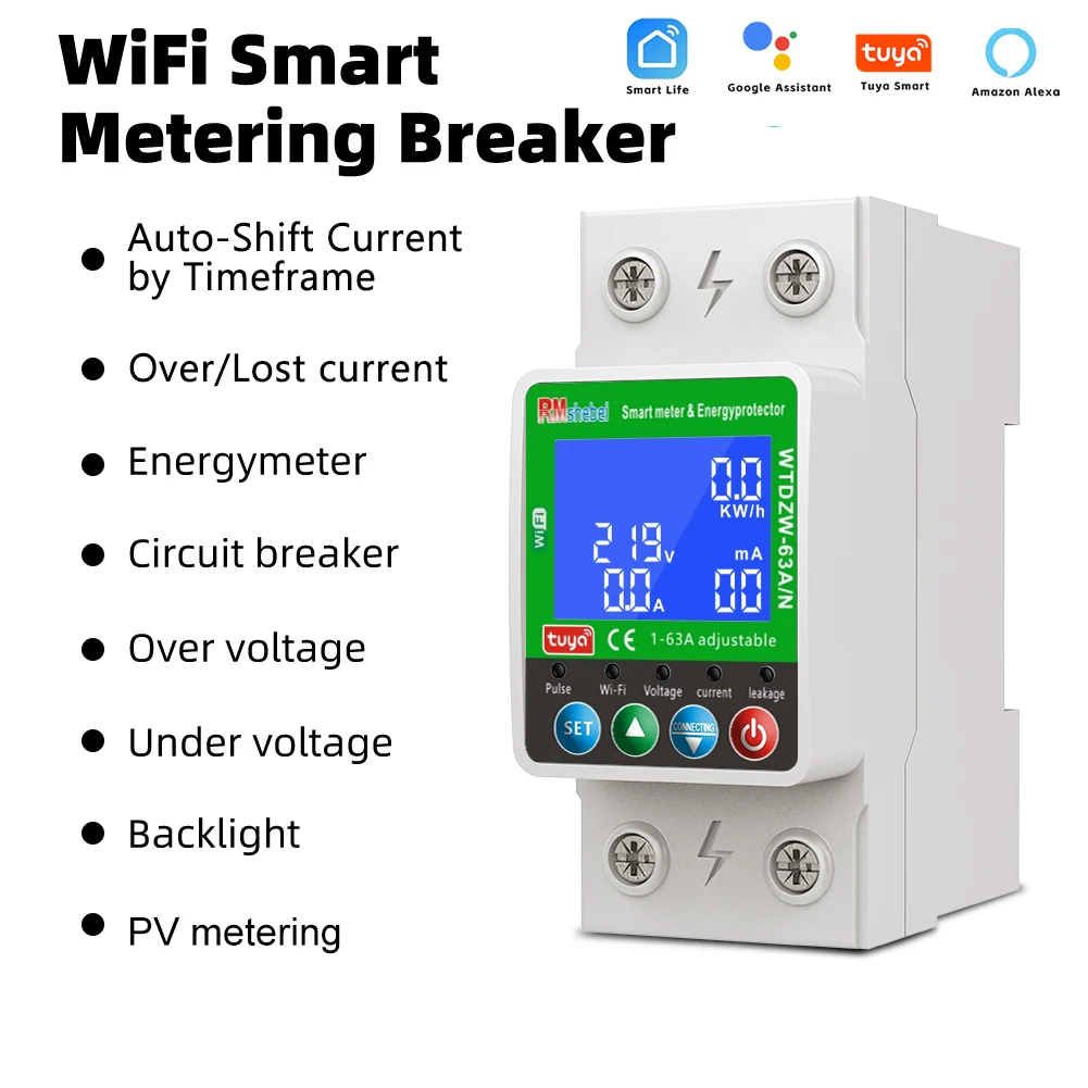 RMshebei Tuya Smart WiFi Circuit Breaker 2P 63A Bidirectional Metering Timing Switching Overload Current Remote Control