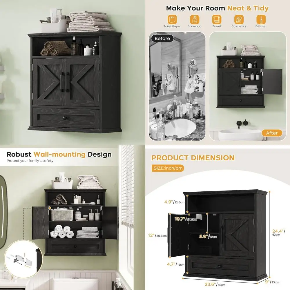 

Настенный аптечка с дверцей сарая, регулируемая полка, высота 24,4 x 23,6 ширина x 9, глубина, черная отделка, компактная S