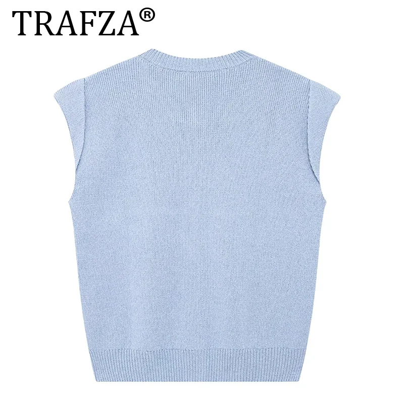 TRAFZA Vintage Chic Women Vest Solid O-Neck Single Breasted Sleeveless Knitted Sweaters New Fashion 2024 Autumn Female Tops