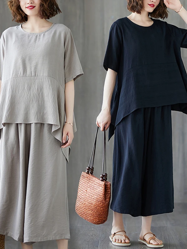 Summer plus Size Women's Slimming Concealing Loose Casual Wide Leg Pants Two Piece Set Faionable plus Size Sister