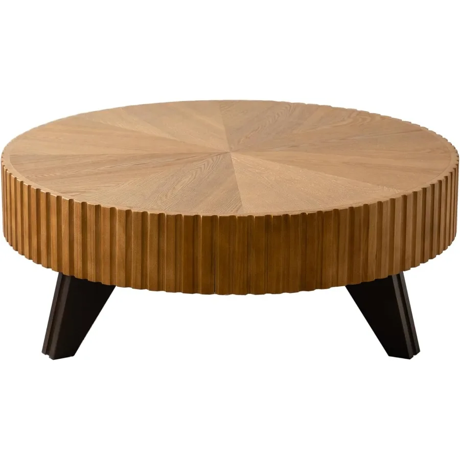 طاولة قهوة خشبية مستديرة كبيرة الحجم 35.4 على طراز طبلة المزرعة العتيقة مع قاعدة مخددة من الخشب الصلب لغرفة المعيشة