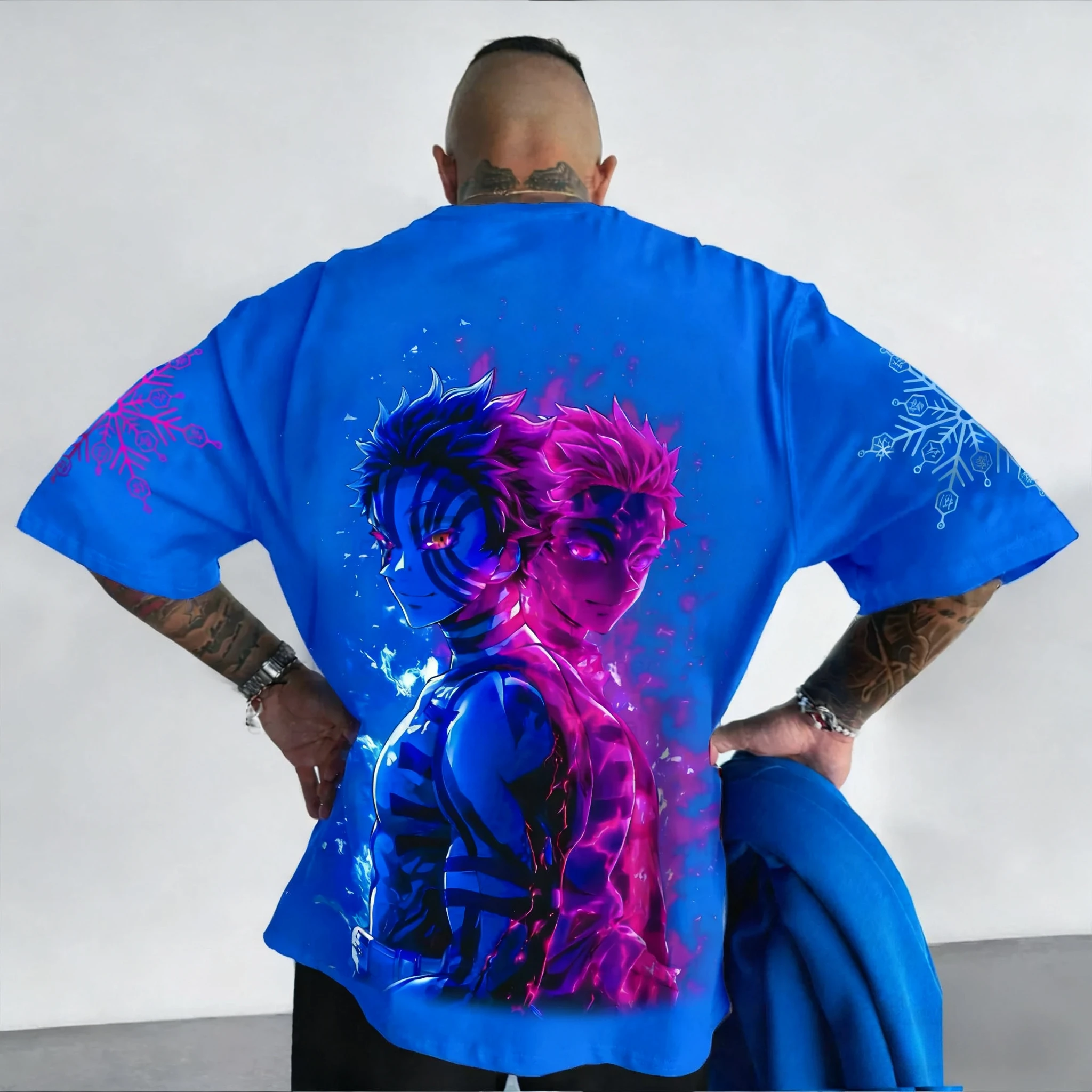 

Demon Slayer Anime Co Branded Men's T-shirt 2025 Summer New Akaza Print Plus Size Harajuku Casual Loose Family Short Sleeved Top