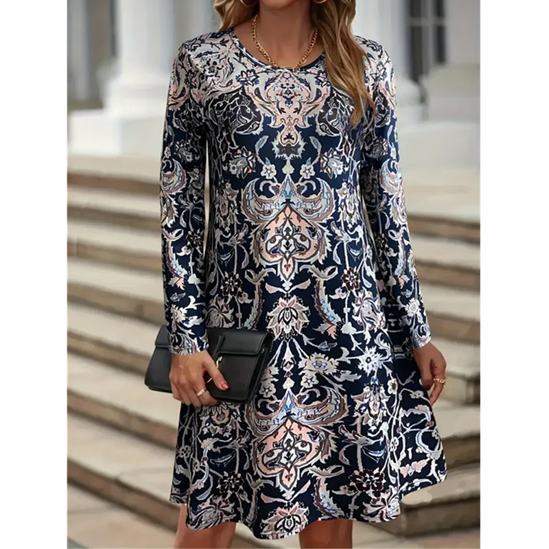 Vintage Floral Print Dress Autumn Long Sleeved Round Neck Casual A-line Dress Lady Retro Elegance Dress Big Size Vestidos