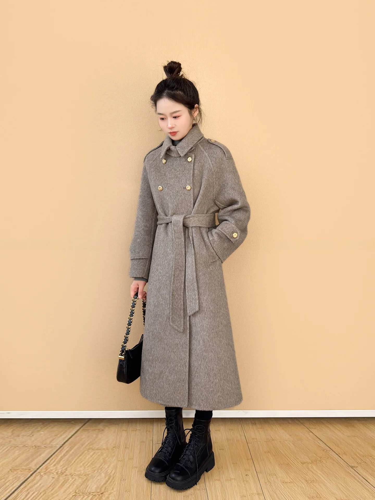 

Двубортное длинное шерстяное пальто для женщин, двустороннее, модное, зимнее, с прямым подолом, свободного кроя, однотонное