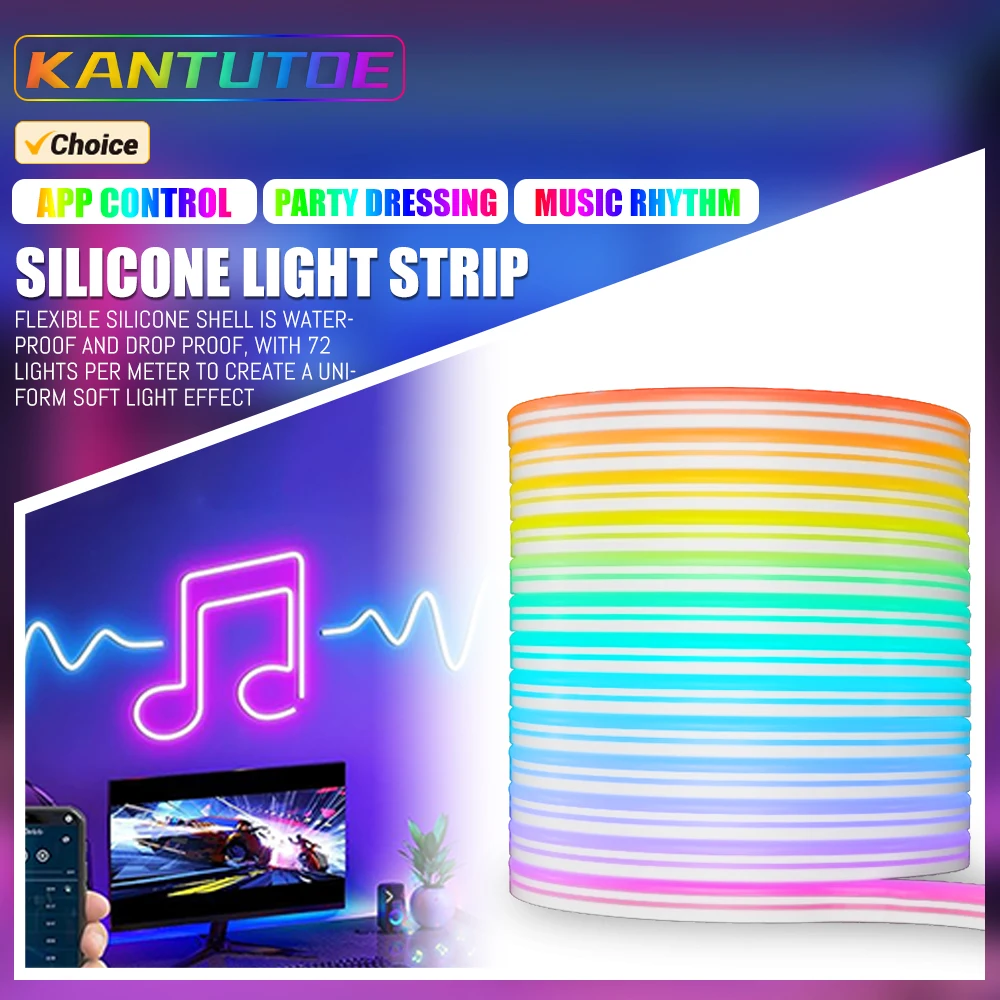 

KANTUTOE Neon LED Strip Lights RGB Silicone Neon Rope Light Bluetooth Music Sync RGB 24V 72LEDs/M Waterproof Light Strip