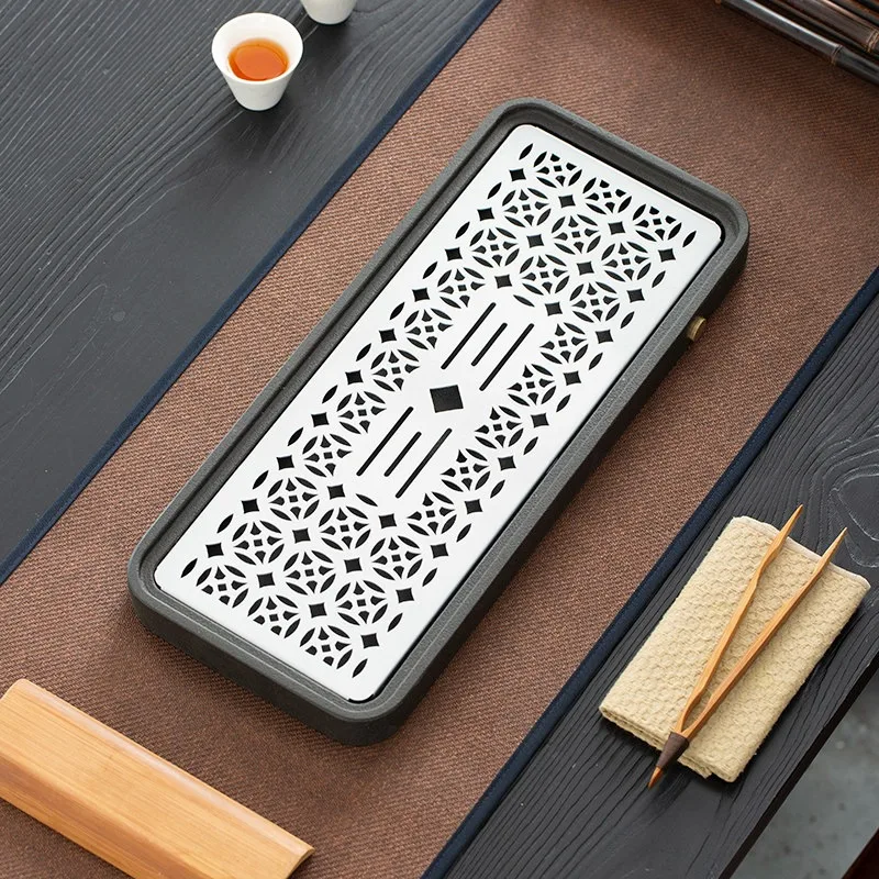 Vintage Rectangular Tea Tray Stone Kong Fu Luxury Tea Tray Chinese Multipurpose bandeja madera decorativa ovalada Tea Ceremony 4