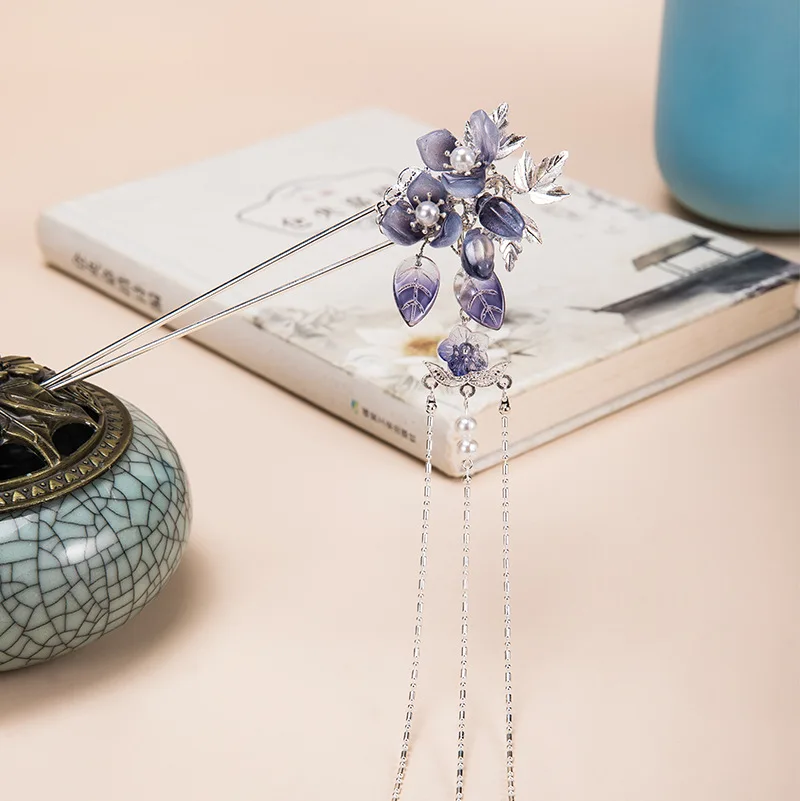 Ancient Womens Purple Glass Flower Beaded Fringe Hair Crown Hairpin Set Chinese Hanfu Headwear