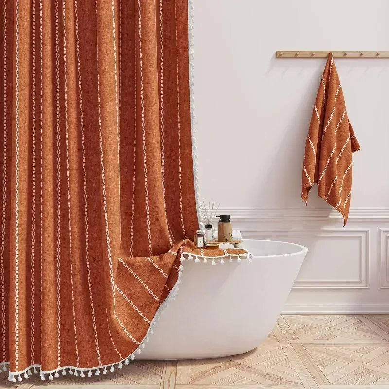 

Boho Farmhouse Shower Curtain, Linen Rustic Weighted Stripe Fabric Shower Curtain Set with Tassels, Waterproof