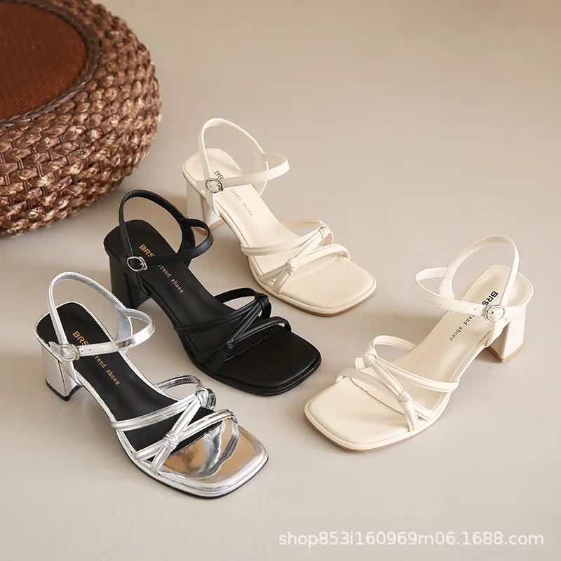 French High-heeled Sandals Women 2026 Summer New Style with A Single Strap, Middle Heel, and Open Toe Cross Sandals for Women