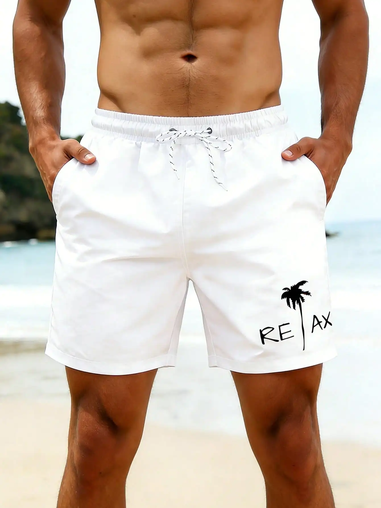 

Men Drawstring Waist Swim Shorts With Palm Tree And Letter Print