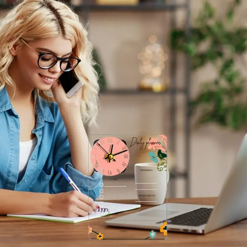 Erasable Schedule Board Stand-up Desk Reminder Board Clear Desk Planner Board อะคริลิคโต๊ะเตือนพร้อมนาฬิกา Creative