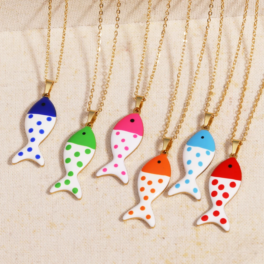 مقاوم للماء لطيف ملون المينا الأسماك قلادة القلائد للنساء الفتيات جميل الفولاذ المقاوم للصدأ الذهب اللون الصيف الشاطئ مجوهرات #5