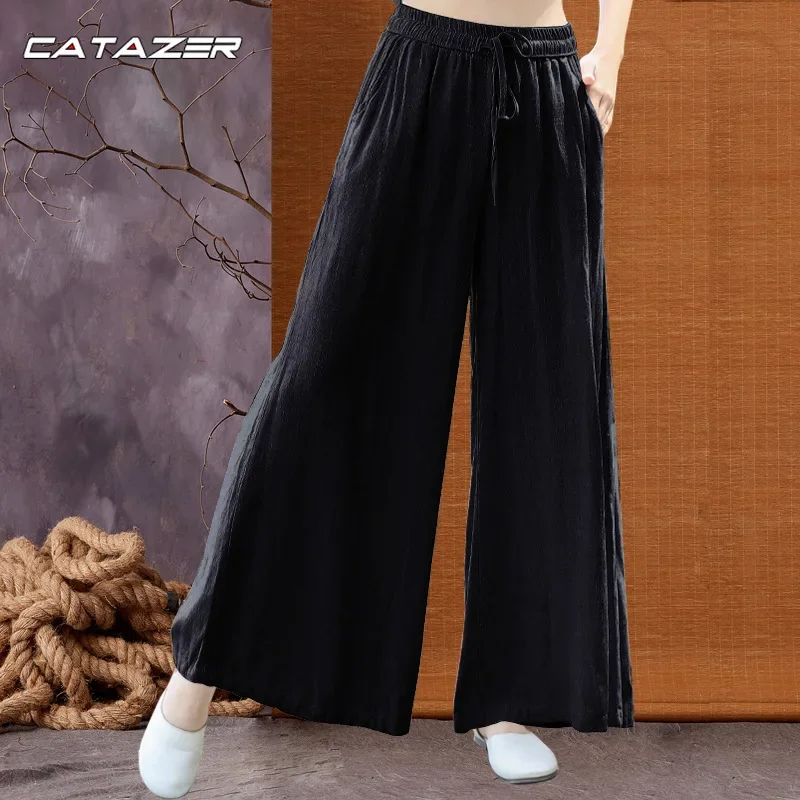 

Wide Leg Linen Pants Women Traditional Chinese Clothing Yoga Tai Chi Uniform Breathable Solid Color Leisure Trousers Sportswear