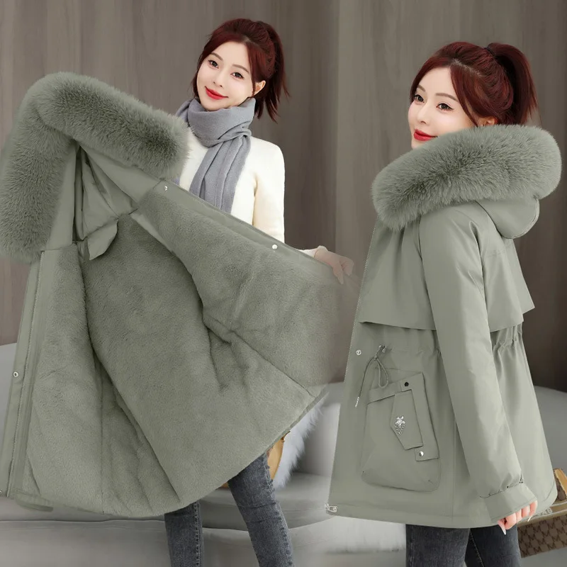 Fleece-Lined Thickened 2025 Winer New Parka For Women Korean Syle Shor Coa Wais-Cinching Ouerwear Warm Coon Padded