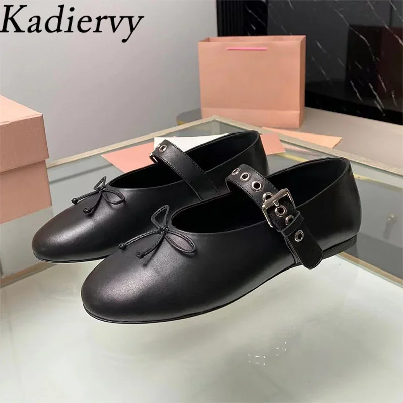 

Butterfly-knot Ballet Shoes Women Round Toe Summer Casual Shoes Belt Buckle Loafers Women Genuine Leather Flat Walk Shoes Woman